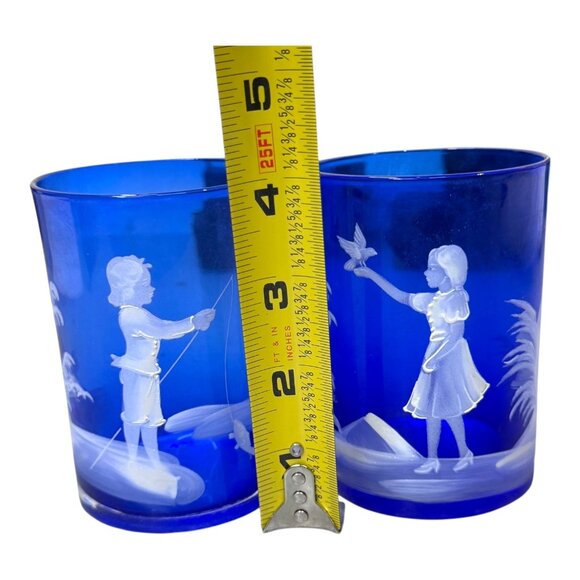 Fenton Mary Gregory Vintage Cobalt Blue Glass Tumblers Etched Boy & Girl Scene - Picture 6 of 6